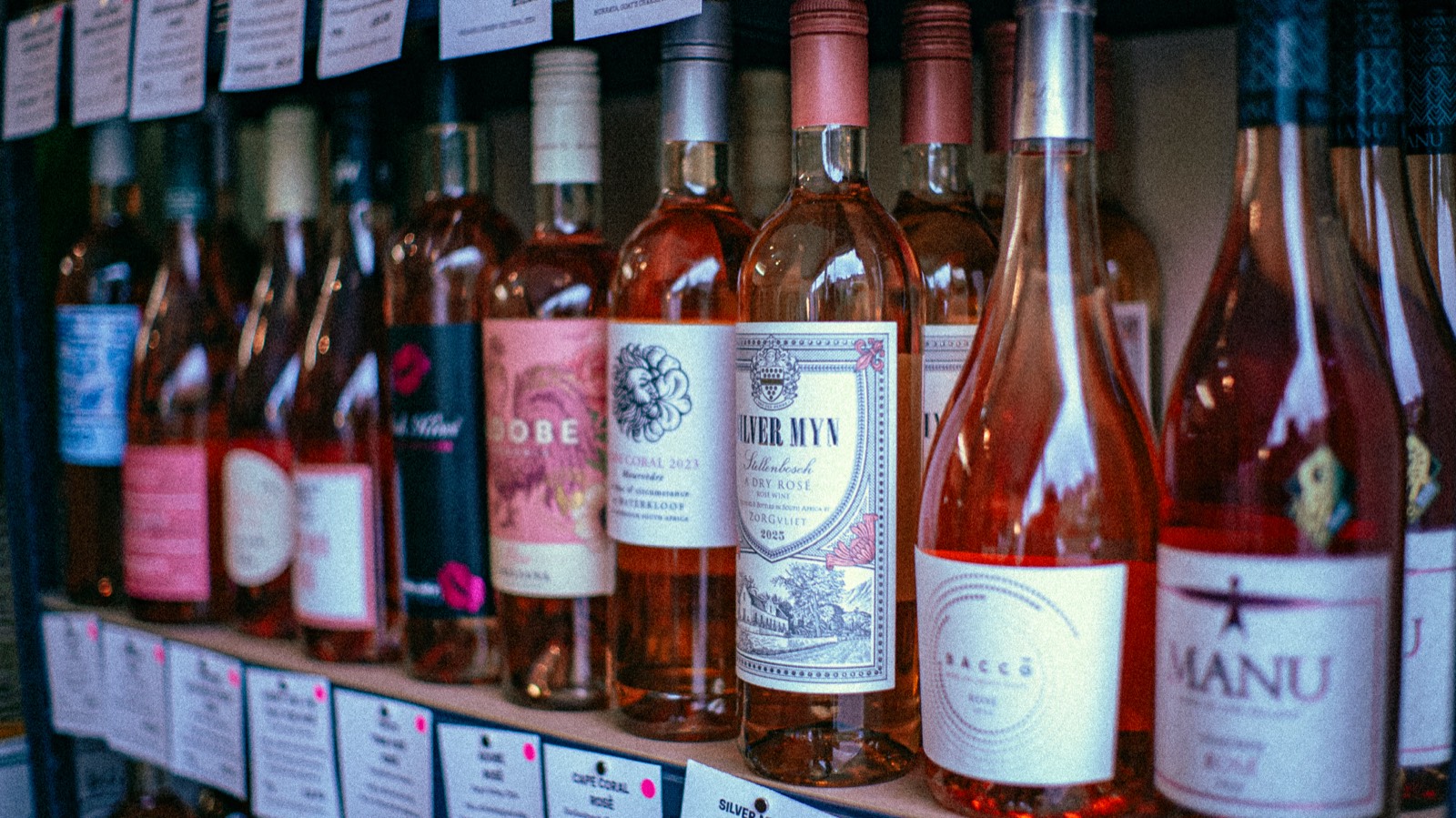 A row of rosé wines along a shop shelf
