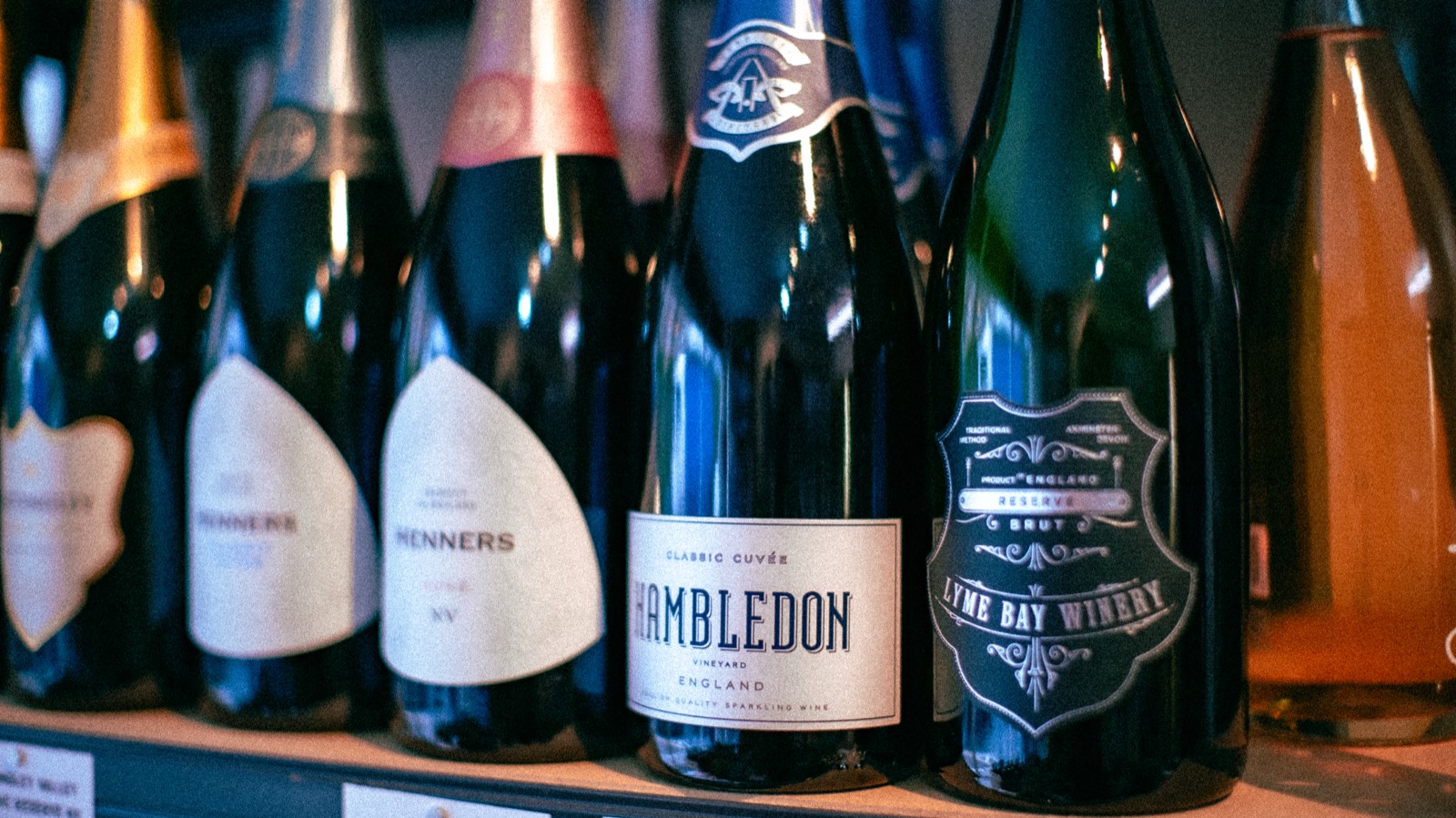 English sparkling wine bottles on display